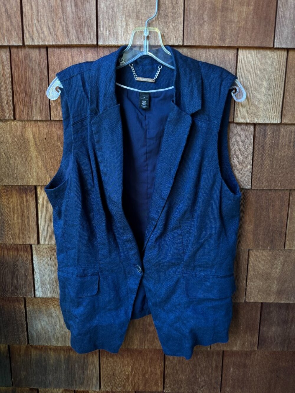 White House Black Market Navy Blue Linen-Blend Single Button Vest in Women's 14